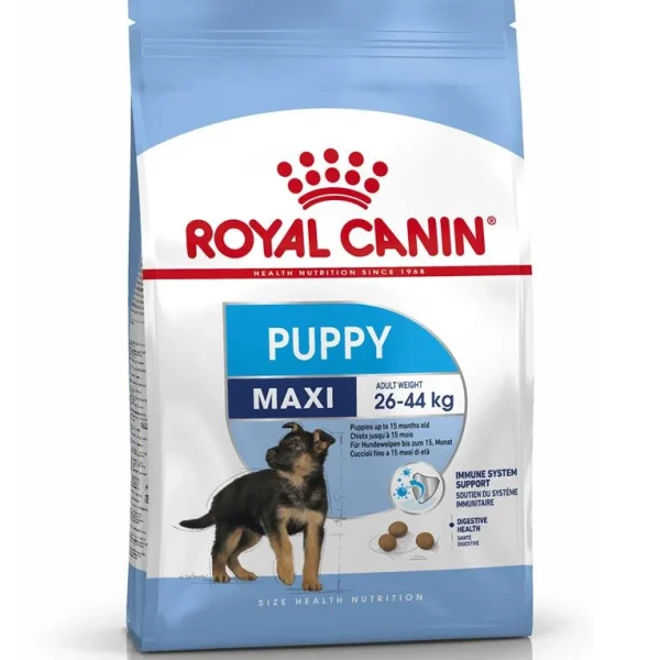Size Health Nutrition Maxi Puppy Dry Food – Balanced nutrition supporting healthy growth, muscles, bones, and brain development in large breed puppies.