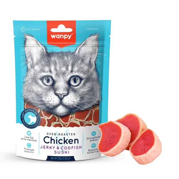 Wanpy Cat Chicken Jerky and Codfish Sushi 80g – Grain-Free Gourmet Treats with Chicken and Fish