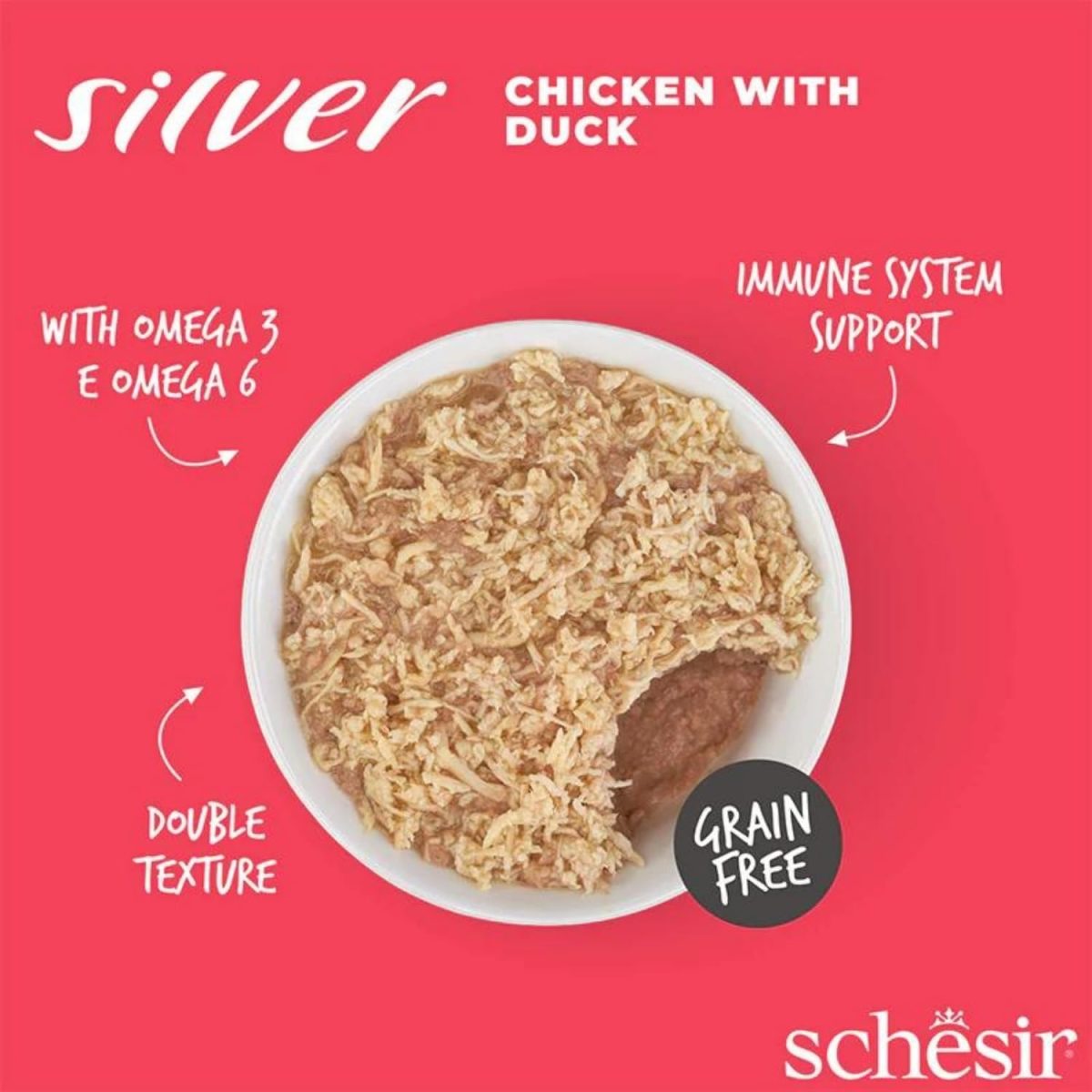 Schesir Silver Mousse & Fillets Senior Cat Wholefood Chicken & Duck 70g in a can, premium wet food for older cats.