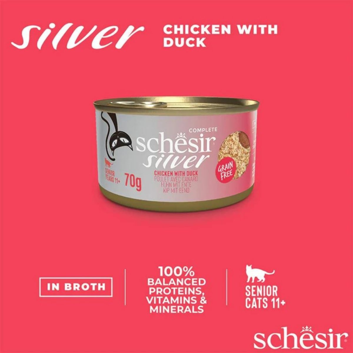 Schesir Silver Mousse & Fillets Senior Cat Wholefood Chicken & Duck 70g in a can, premium wet food for older cats.