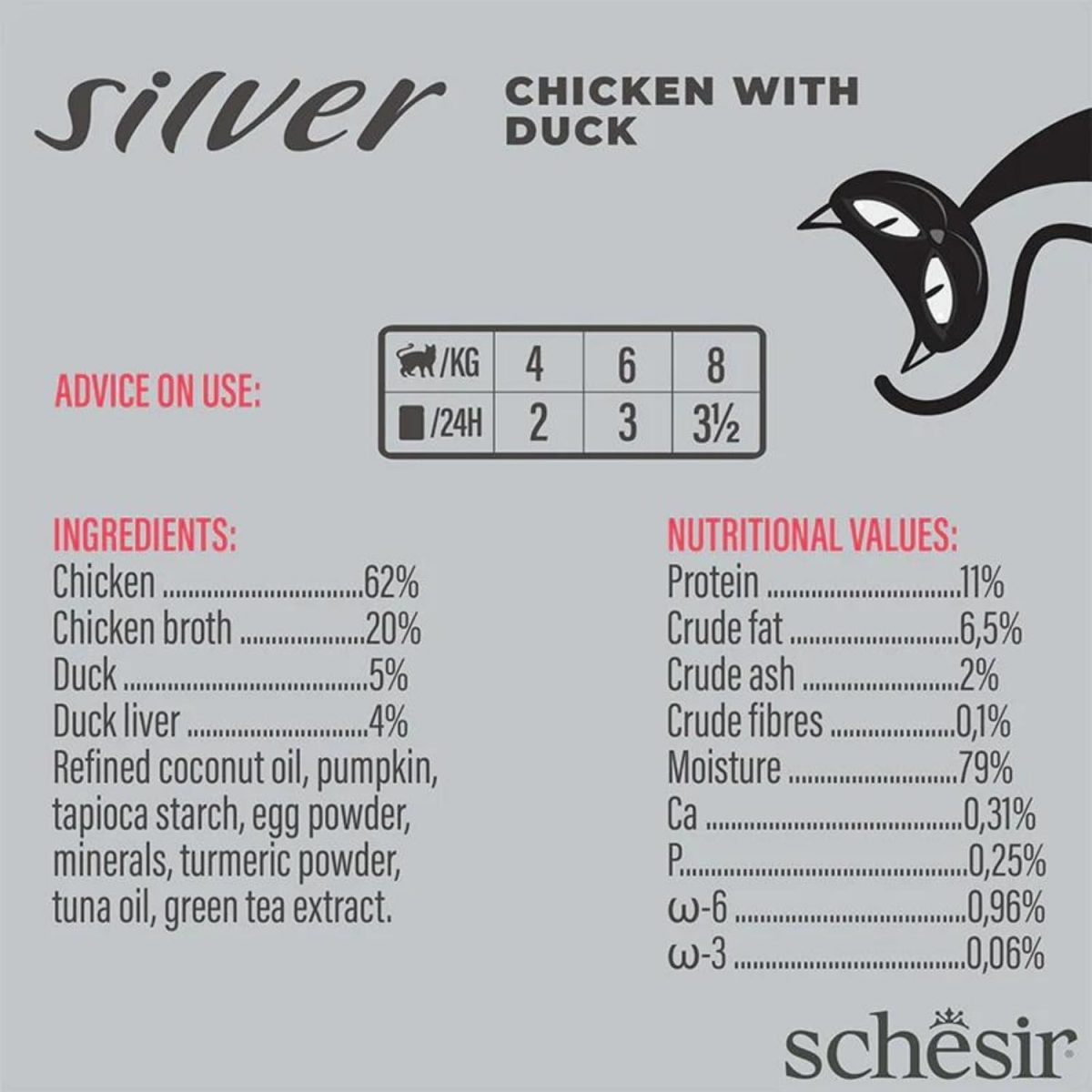 Schesir Silver Mousse & Fillets Senior Cat Wholefood Chicken & Duck 70g in a can, premium wet food for older cats.