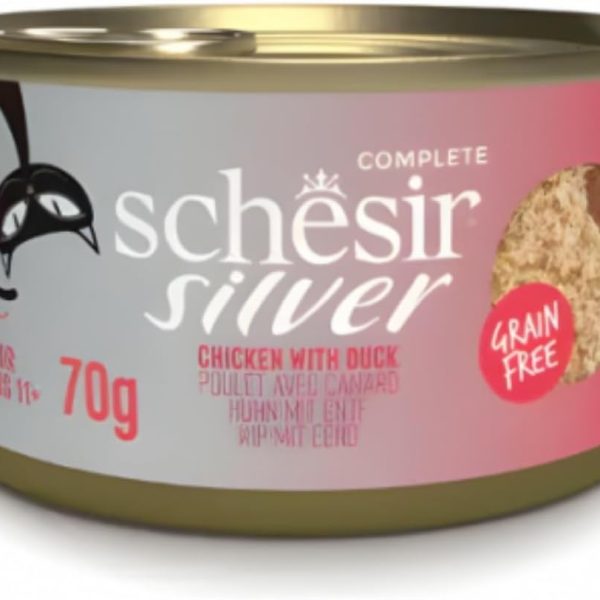 Schesir Silver Mousse & Fillets Senior Cat Wholefood Chicken & Duck 70g in a can, premium wet food for older cats.