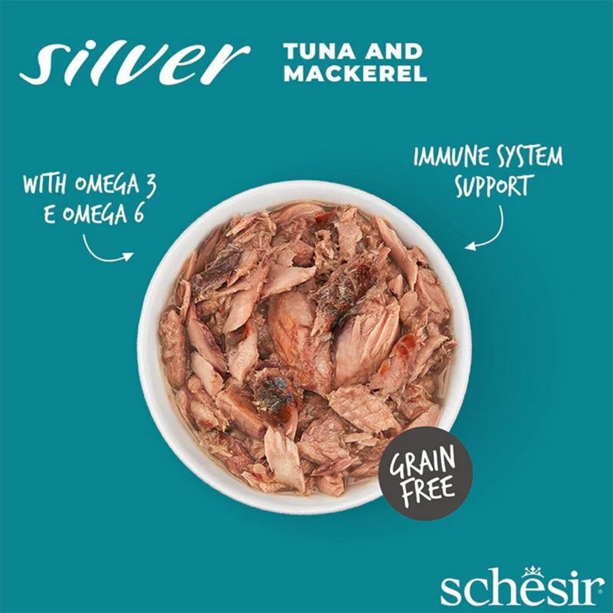 Schesir Silver Senior Cat Tuna and Mackerel wet food pouch 70g, grain-free, natural senior cat meal.
