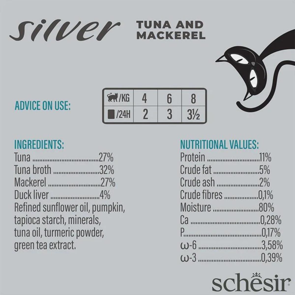 Schesir Silver Senior Cat Tuna and Mackerel wet food pouch 70g, grain-free, natural senior cat meal.