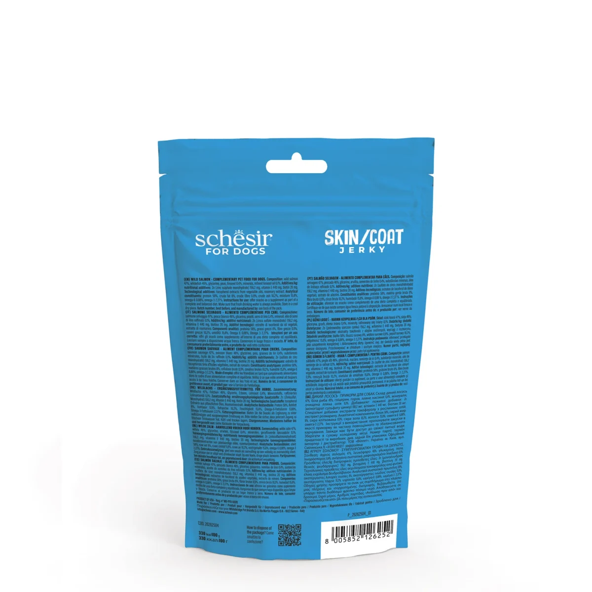 Schesir Grain-Free Dog Snacks Skin & Coat Jerky 115g - Salmon, all-natural dog treat for healthy skin and coat.