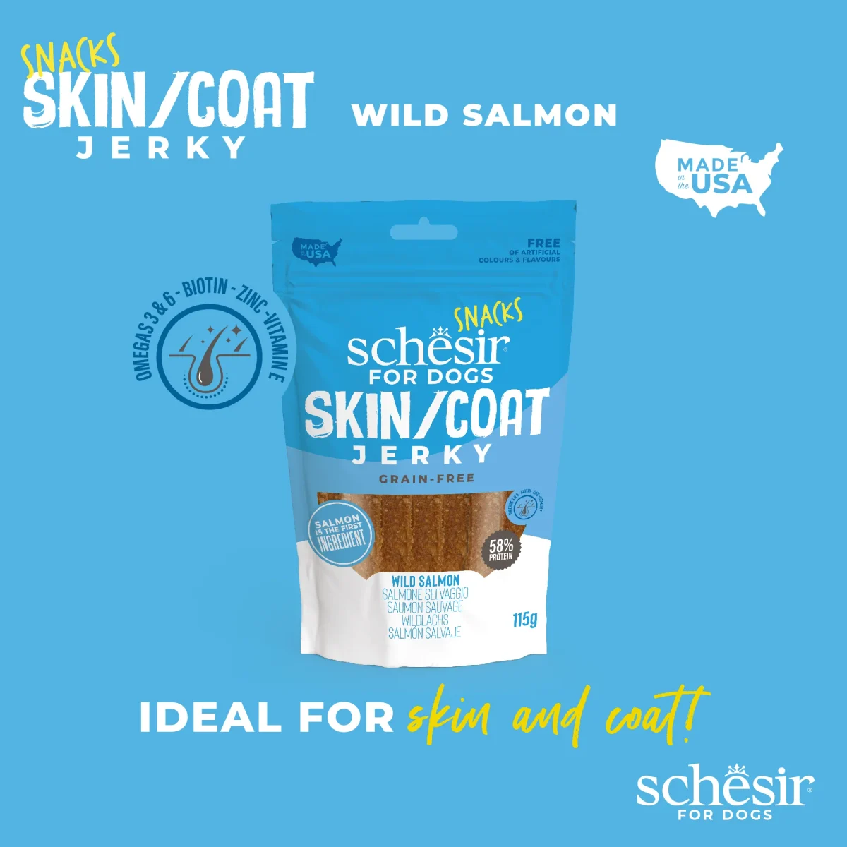 Schesir Grain-Free Dog Snacks Skin & Coat Jerky 115g - Salmon, all-natural dog treat for healthy skin and coat.