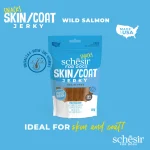 Schesir Grain-Free Dog Snacks Skin & Coat Jerky 115g - Salmon, all-natural dog treat for healthy skin and coat.