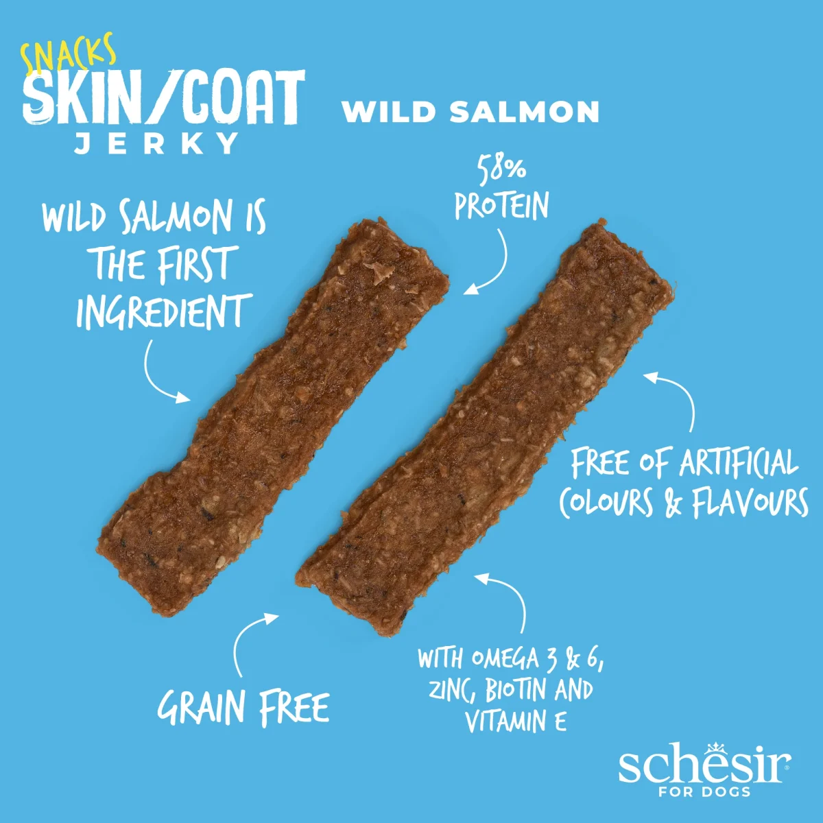 Schesir Grain-Free Dog Snacks Skin & Coat Jerky 115g - Salmon, all-natural dog treat for healthy skin and coat.