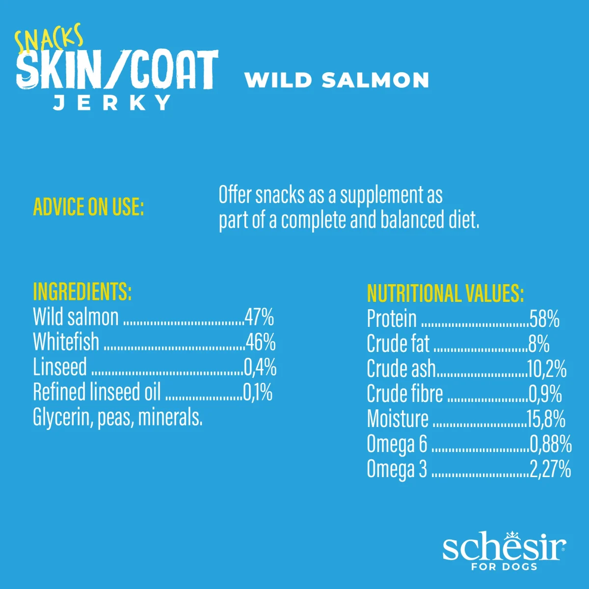 Schesir Grain-Free Dog Snacks Skin & Coat Jerky 115g - Salmon, all-natural dog treat for healthy skin and coat.