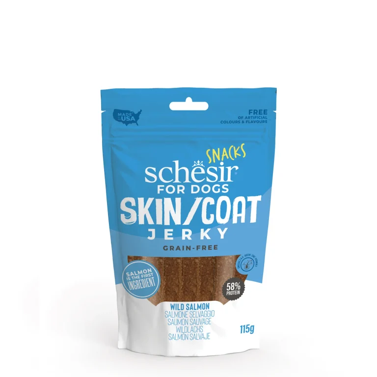 Schesir Grain-Free Dog Snacks Skin & Coat Jerky 115g - Salmon, all-natural dog treat for healthy skin and coat.