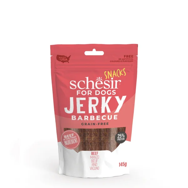 Schesir Grain-Free Dog Snacks Jerky 145g – BBQ Beef flavor natural grain-free dog treats in resealable pack.