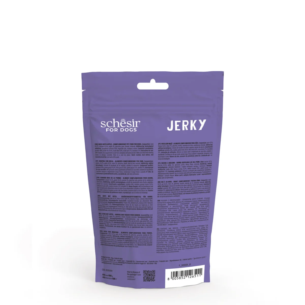 Schesir Grain-Free Dog Snacks Jerky 145g – Duck with Apple flavor natural grain-free dog treats in resealable pack.