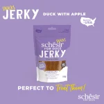 Schesir Grain-Free Dog Snacks Jerky 145g – Duck with Apple flavor natural grain-free dog treats in resealable pack.