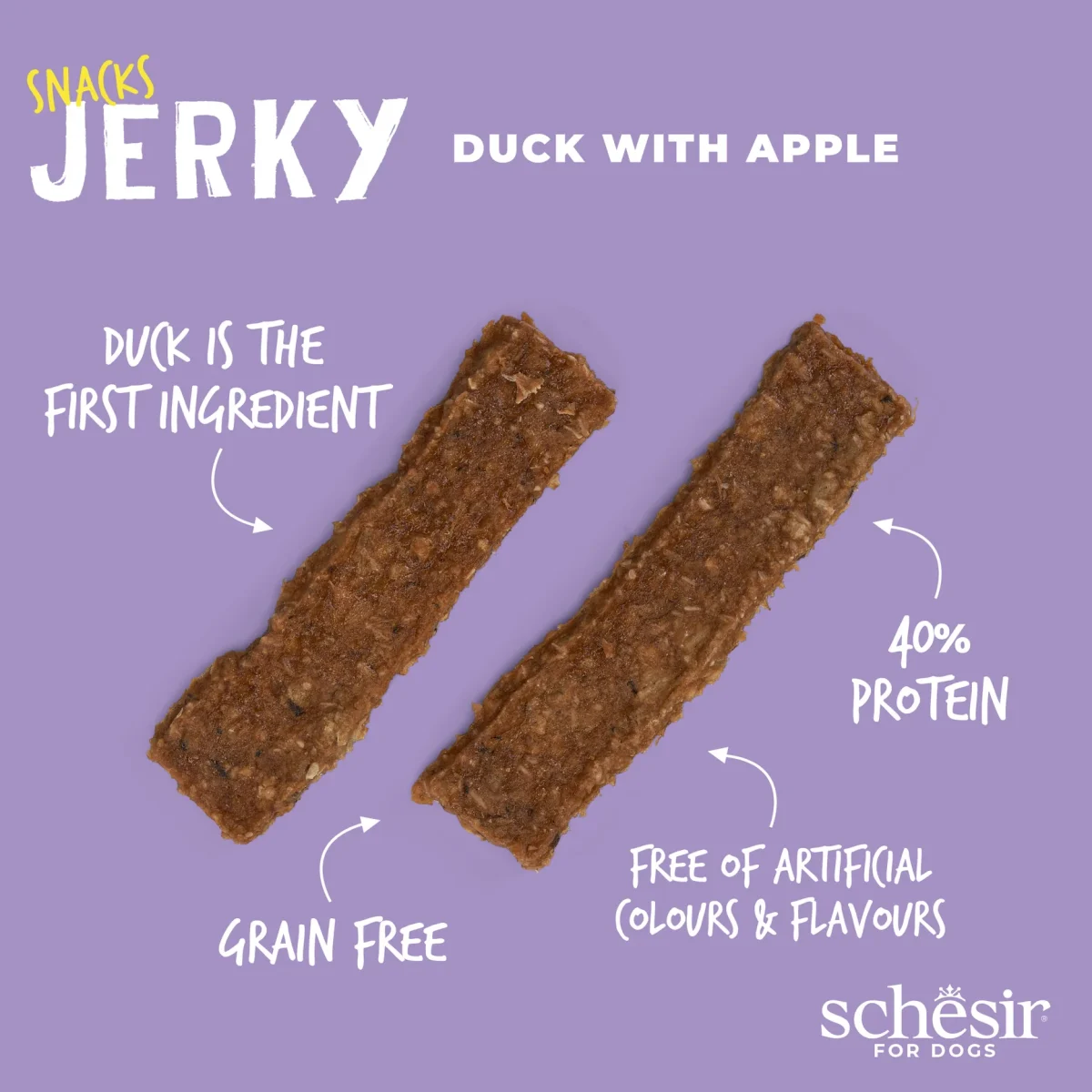Schesir Grain-Free Dog Snacks Jerky 145g – Duck with Apple flavor natural grain-free dog treats in resealable pack.