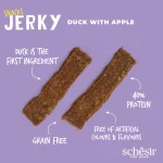 Schesir Grain-Free Dog Snacks Jerky 145g – Duck with Apple flavor natural grain-free dog treats in resealable pack.