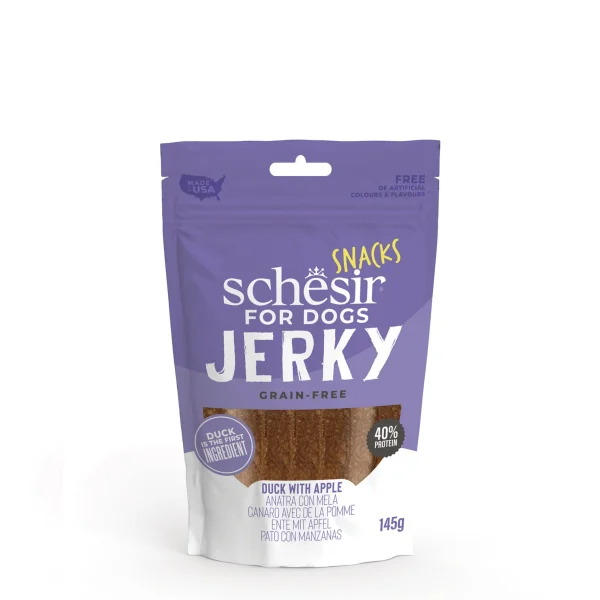 Schesir Grain-Free Dog Snacks Jerky 145g – Duck with Apple flavor natural grain-free dog treats in resealable pack.