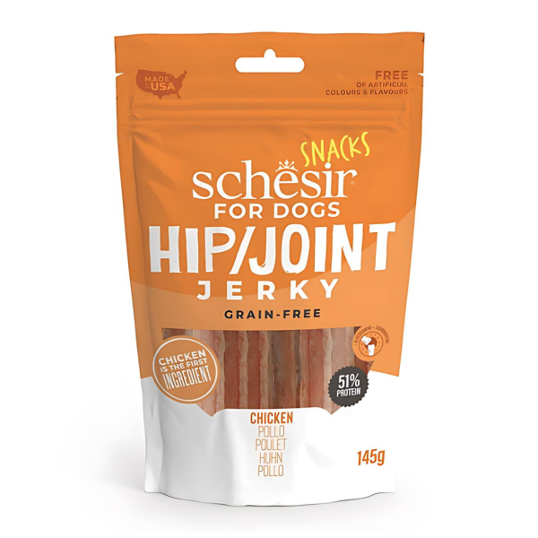 Schesir Grain-Free Dog Snacks Hip & Joint Jerky 145g Chicken flavor in resealable pack for joint health support.