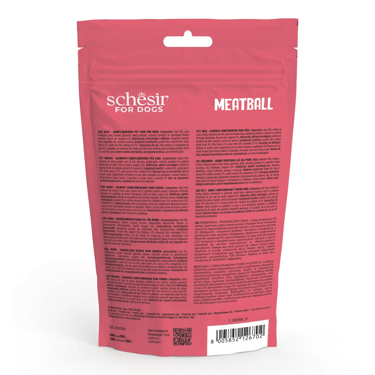 Schesir Grain-Free Dog Snacks Meat Balls 225g – Gently Baked Beef flavor natural dog treats in resealable pack.