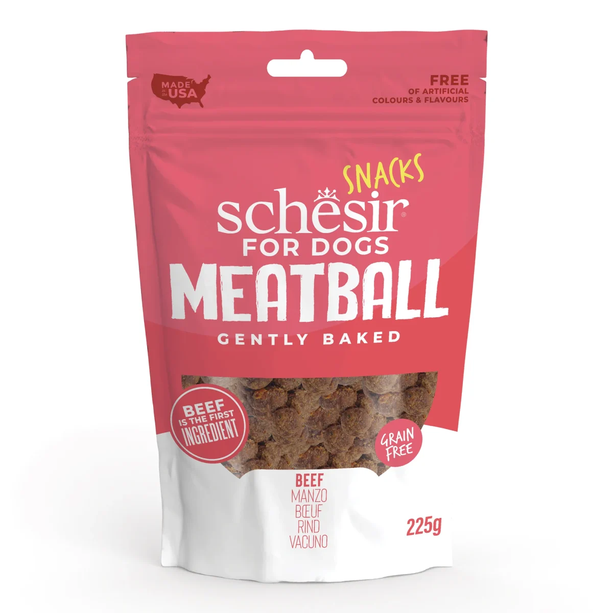 Schesir Grain-Free Dog Snacks Meat Balls 225g – Gently Baked Beef flavor natural dog treats in resealable pack.