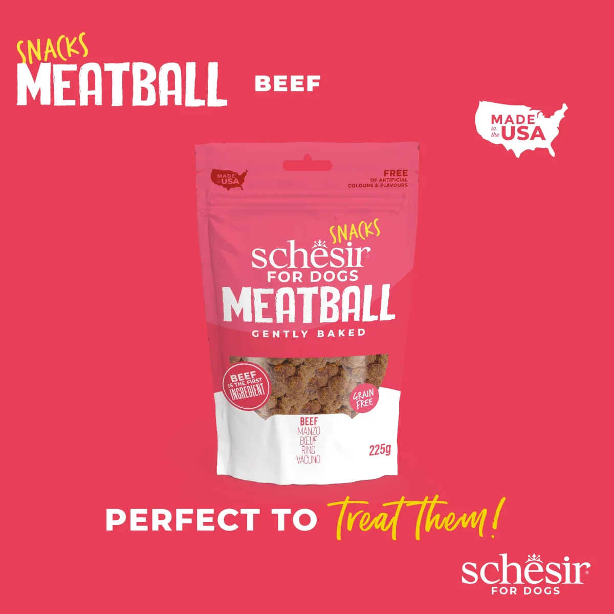 Schesir Grain-Free Dog Snacks Meat Balls 225g – Gently Baked Beef flavor natural dog treats in resealable pack.