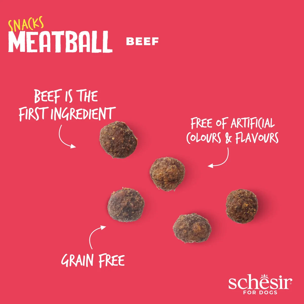 Schesir Grain-Free Dog Snacks Meat Balls 225g – Gently Baked Beef flavor natural dog treats in resealable pack.