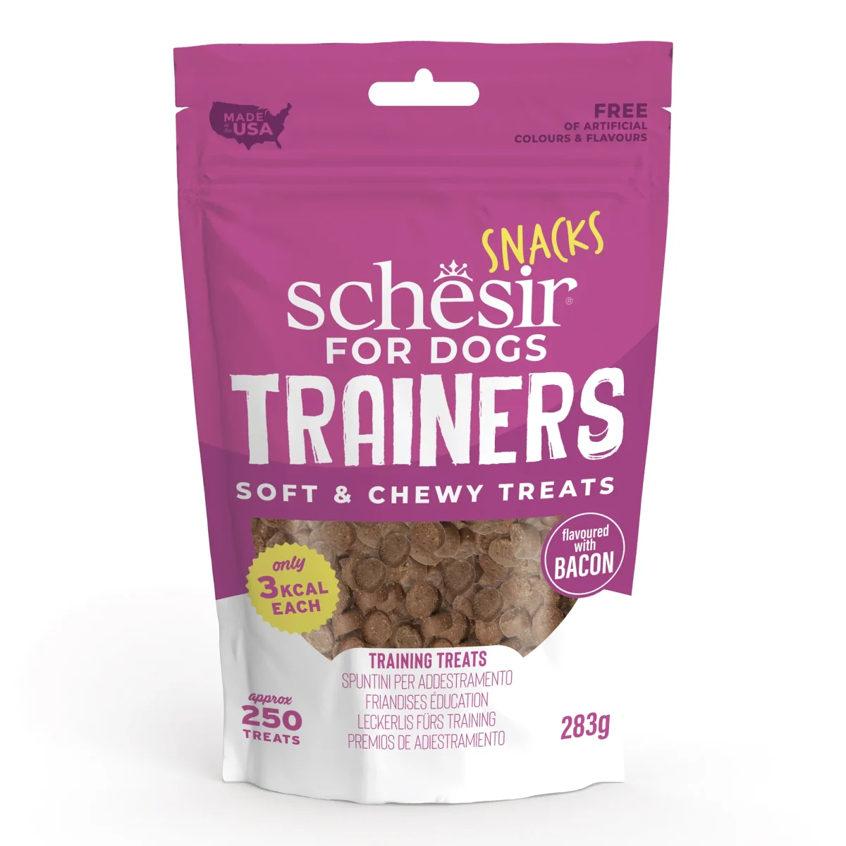 Schesir Dog Snacks Trainers Soft & Chewy 283g - Bacon. Bite-sized, soft training treats with real bacon, grain-free, no artificial colors or preservatives.