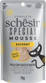 Schesir Special Mousse Exigent Cat Food – Chicken with Duck Liver 70g, natural and grain-free mousse for picky cats.