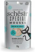 Schesir Special Mousse Cat Food - Salmon with Chicken 70g, supports skin and coat health with Omega 3 and 6 in a creamy texture.