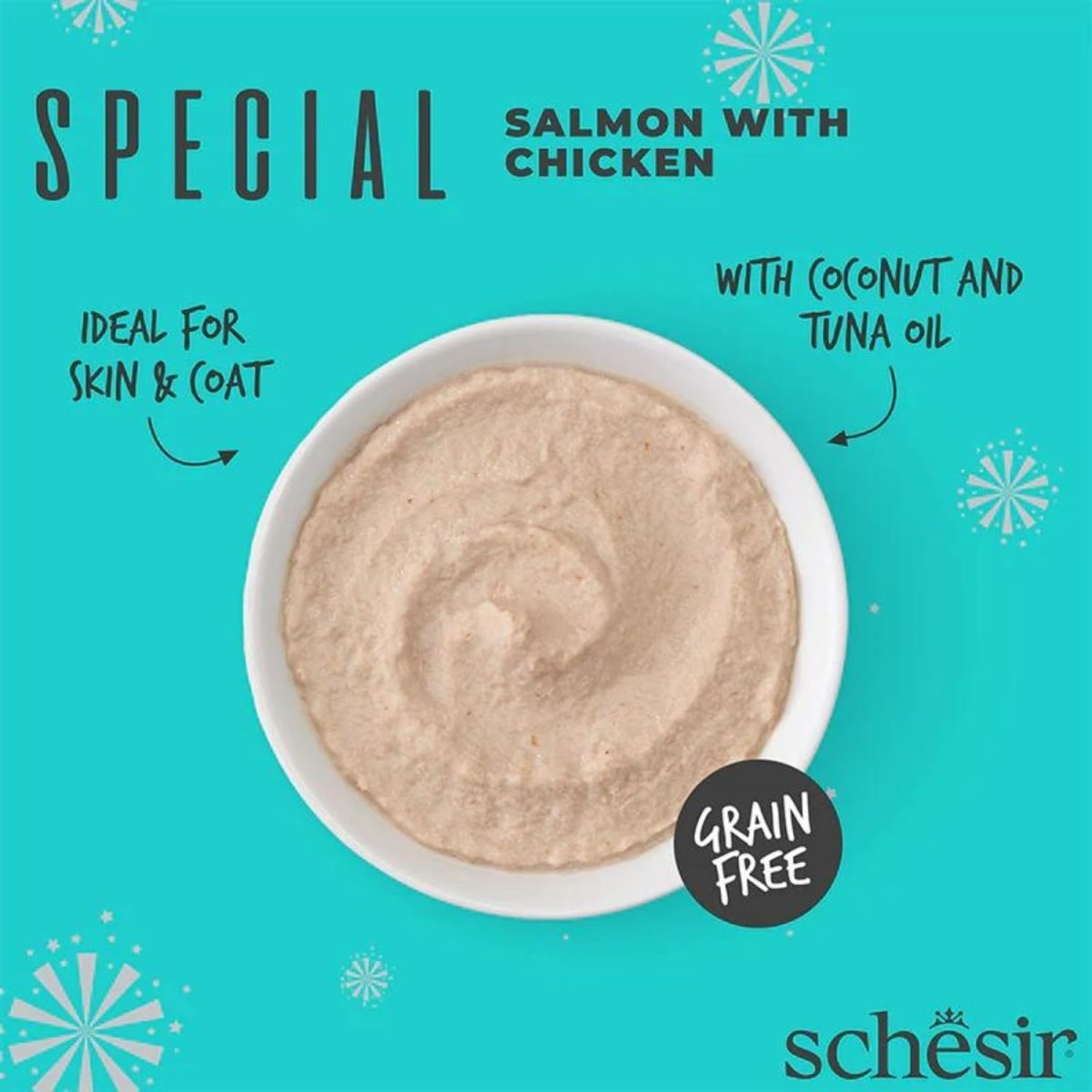 Schesir Special Mousse Cat Food - Salmon with Chicken 70g, supports skin and coat health with Omega 3 and 6 in a creamy texture.