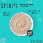 Schesir Special Mousse Cat Food - Salmon with Chicken 70g, supports skin and coat health with Omega 3 and 6 in a creamy texture.