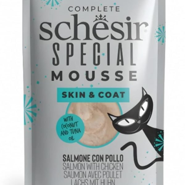 Schesir Special Mousse Cat Food - Salmon with Chicken 70g, supports skin and coat health with Omega 3 and 6 in a creamy texture.