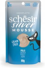 Schesir Silver Mousse Senior Cat Chicken 80g, grain-free mousse, senior cat food, soft texture for easy digestion.