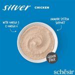 Schesir Silver Mousse Senior Cat Chicken 80g, grain-free mousse, senior cat food, soft texture for easy digestion.