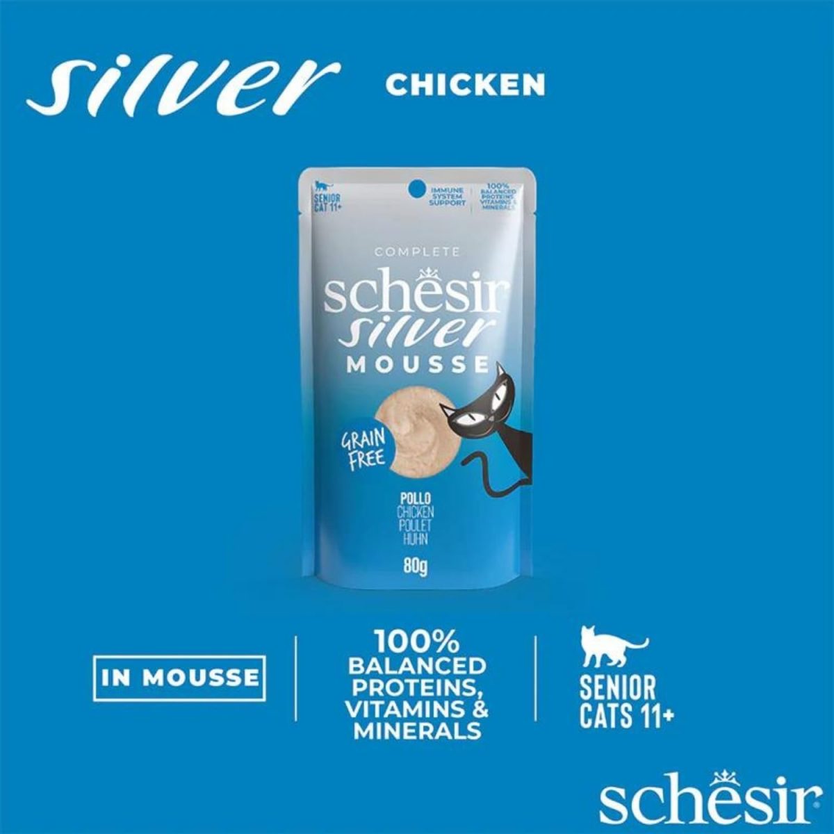 Schesir Silver Mousse Senior Cat Chicken 80g, grain-free mousse, senior cat food, soft texture for easy digestion.