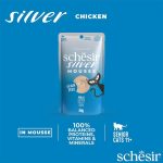 Schesir Silver Mousse Senior Cat Chicken 80g, grain-free mousse, senior cat food, soft texture for easy digestion.