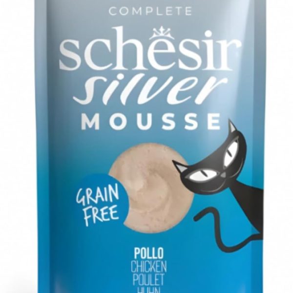 Schesir Silver Mousse Senior Cat Chicken 80g, grain-free mousse, senior cat food, soft texture for easy digestion.