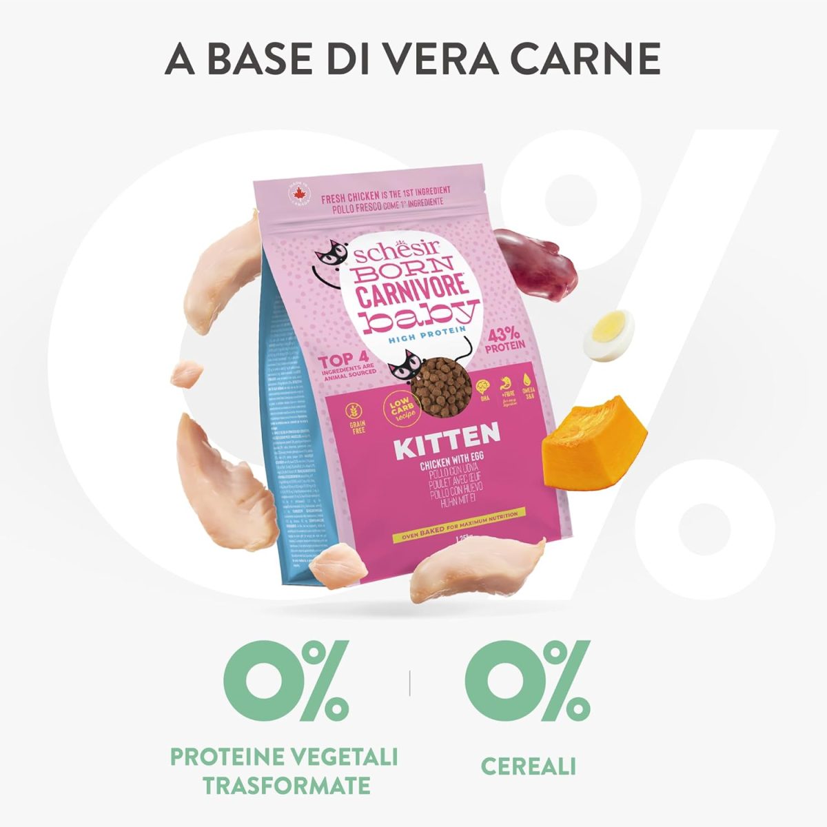Schesir Born Carnivore Grain Free Kitten Dry Cat Food Chicken & Egg 1.25kg