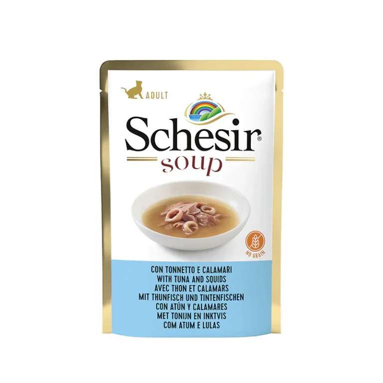 Schesir Cat Wet Soup - With Wild Tuna and Squid 85g. Hydrating grain-free cat food with real tuna and squid, gently steam-cooked for maximum flavor.