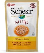 Schesir Cat Wet Soup - Chicken with Pumpkin 85g pouch. Natural cat food with tender chicken and pumpkin for digestion and hydration support.