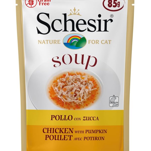 Schesir Cat Wet Soup - Chicken with Pumpkin 85g pouch. Natural cat food with tender chicken and pumpkin for digestion and hydration support.