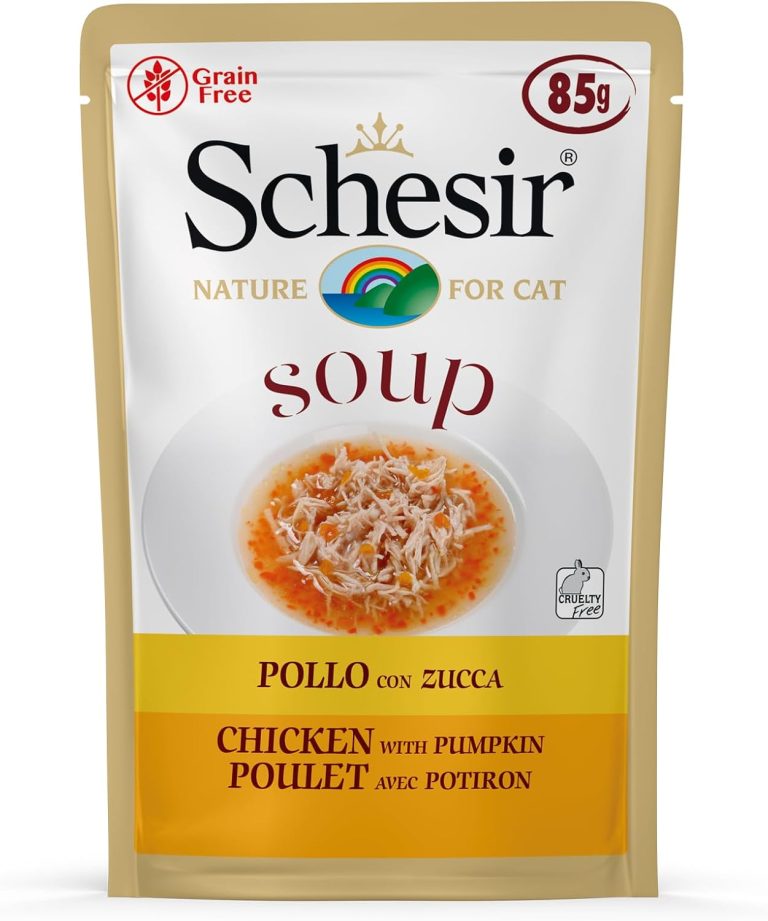 Schesir Cat Wet Soup - Chicken with Pumpkin 85g pouch. Natural cat food with tender chicken and pumpkin for digestion and hydration support.