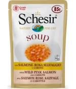 Schesir Cat Wet Soup With Wild Pink Salmon and Carrots 85g pouch. Natural cat food rich in omega-3, supports skin, coat, and hydration.