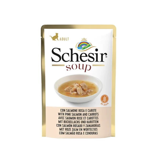 Schesir Cat Wet Soup With Wild Pink Salmon and Carrots 85g pouch. Natural cat food rich in omega-3, supports skin, coat, and hydration.