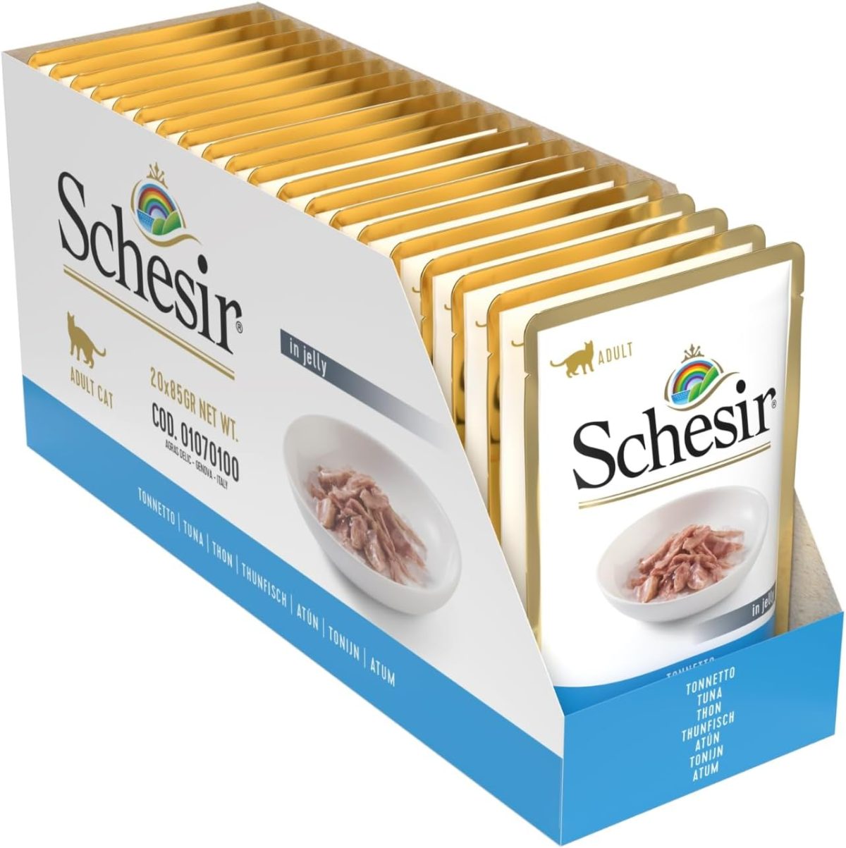 Schesir Cat Pouch Jelly Tuna for Adult cats, 85g pack of 20, natural wet cat food in jelly texture