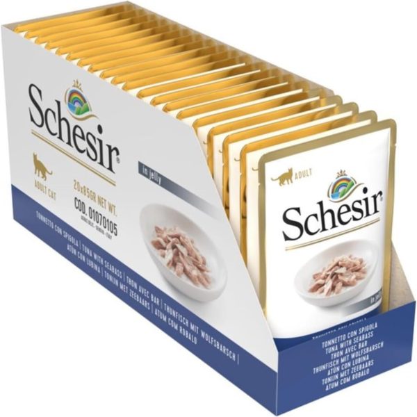 Schesir Cat Pouch Jelly Tuna with Seabass 85g pack of 20, natural wet food in jelly texture for cats