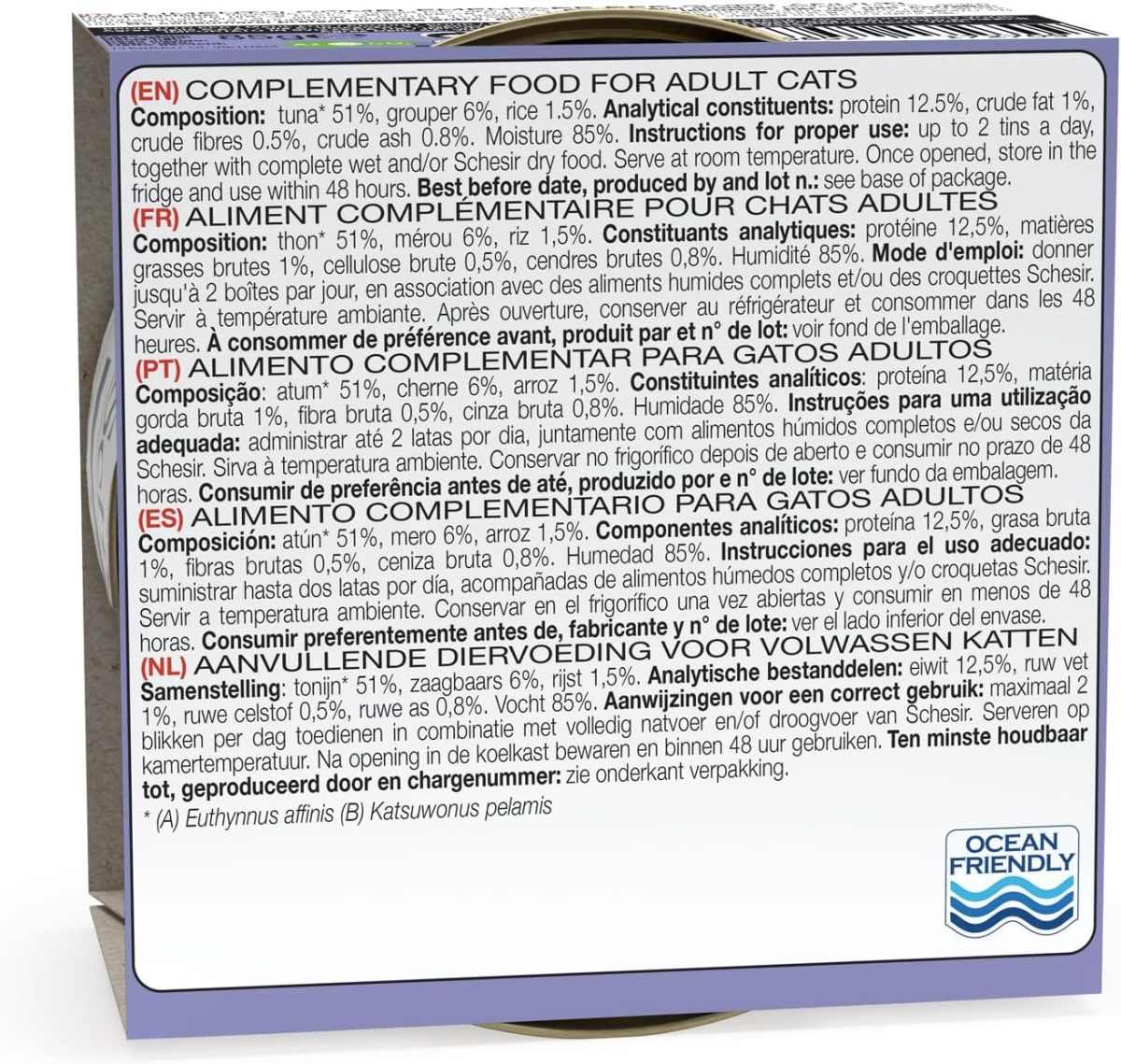 Schesir Cat Wet Food Tuna with Grouper 85g pouch, natural wet cat food with high protein and omega fatty acids.