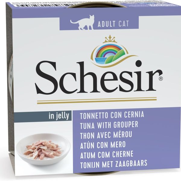 Schesir Cat Wet Food Tuna with Grouper 85g pouch, natural wet cat food with high protein and omega fatty acids.