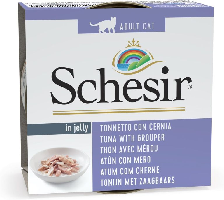 Schesir Cat Wet Food Tuna with Grouper 85g pouch, natural wet cat food with high protein and omega fatty acids.