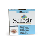 Schesir Cat Wet Food Tuna with Squids 85g pouch. Protein-rich, natural recipe for cats with omega-3 and omega-6 for healthy skin and coat.