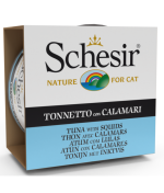 Schesir Cat Wet Food Tuna with Squids 85g pouch. Protein-rich, natural recipe for cats with omega-3 and omega-6 for healthy skin and coat.